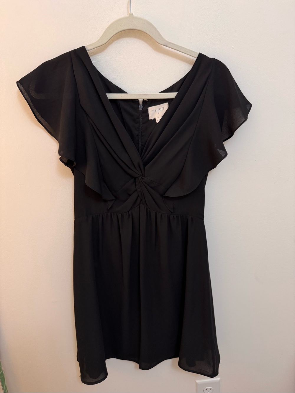 Everly Black Knot-Front Mini Dress with Flutter Sleeves